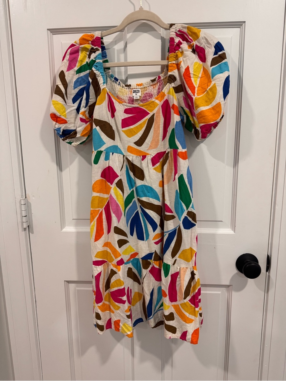 XS Colorful Leaf Print Mini Dress with Puff Sleeves